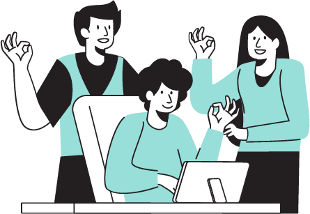 Équipe de trois personnes collaborant ensemble, illustrant le travail d'équipe et la synergie professionnelle